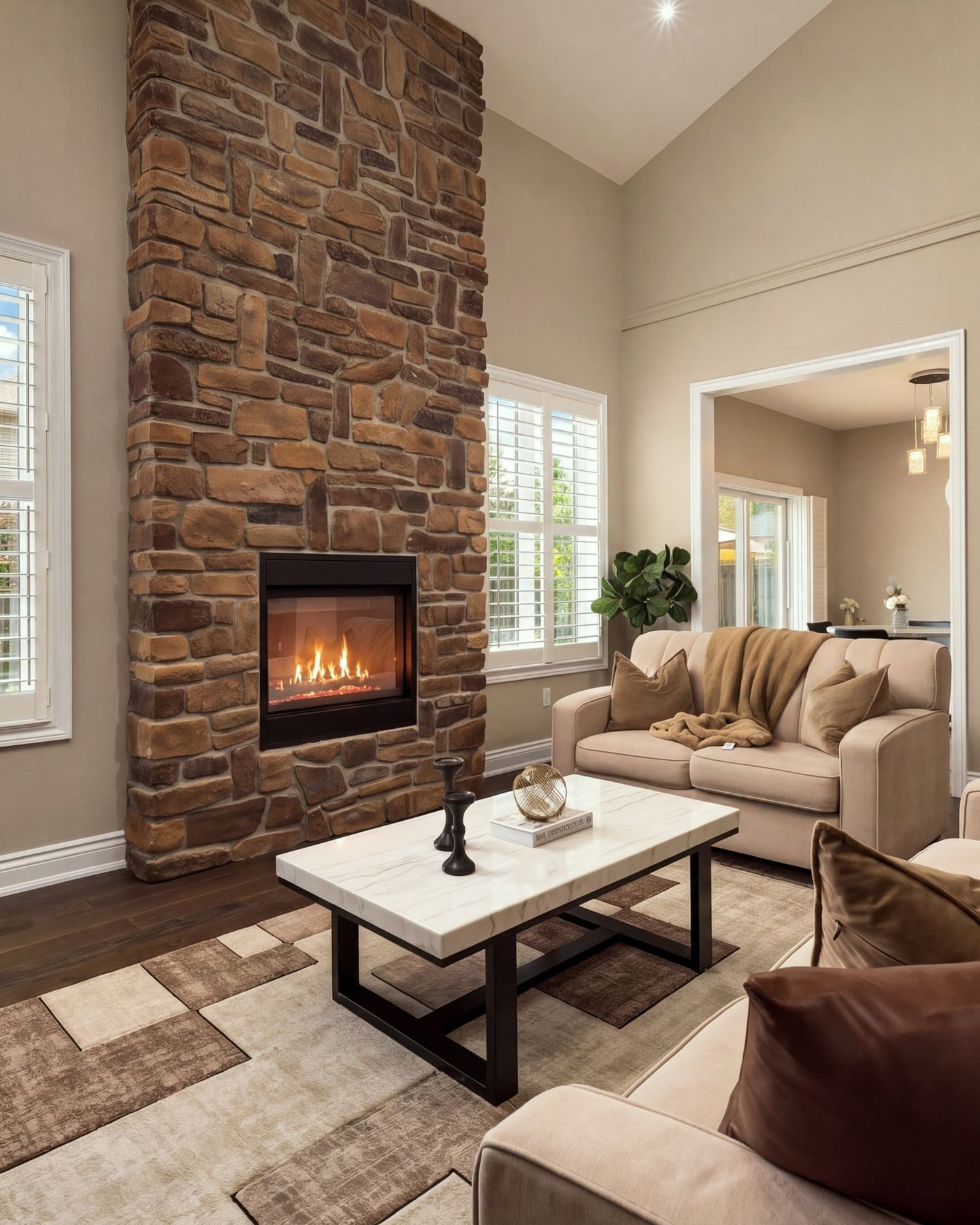 Living room with stone fireplace, vaulted ceiling and plantation shutters